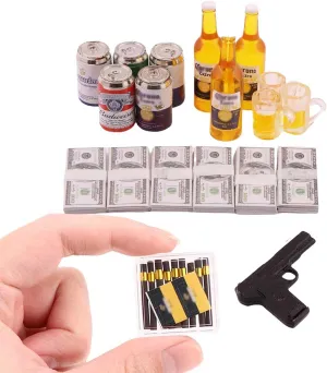1 Set Mini Prop Miniature Beer Bottles Mini Beer Cans Miniature Money 100 Dollar Bills Model Set for 1/6 Scale Tiny Doll Assesories Dollhouse Decoration Figure Accessories (Set C)