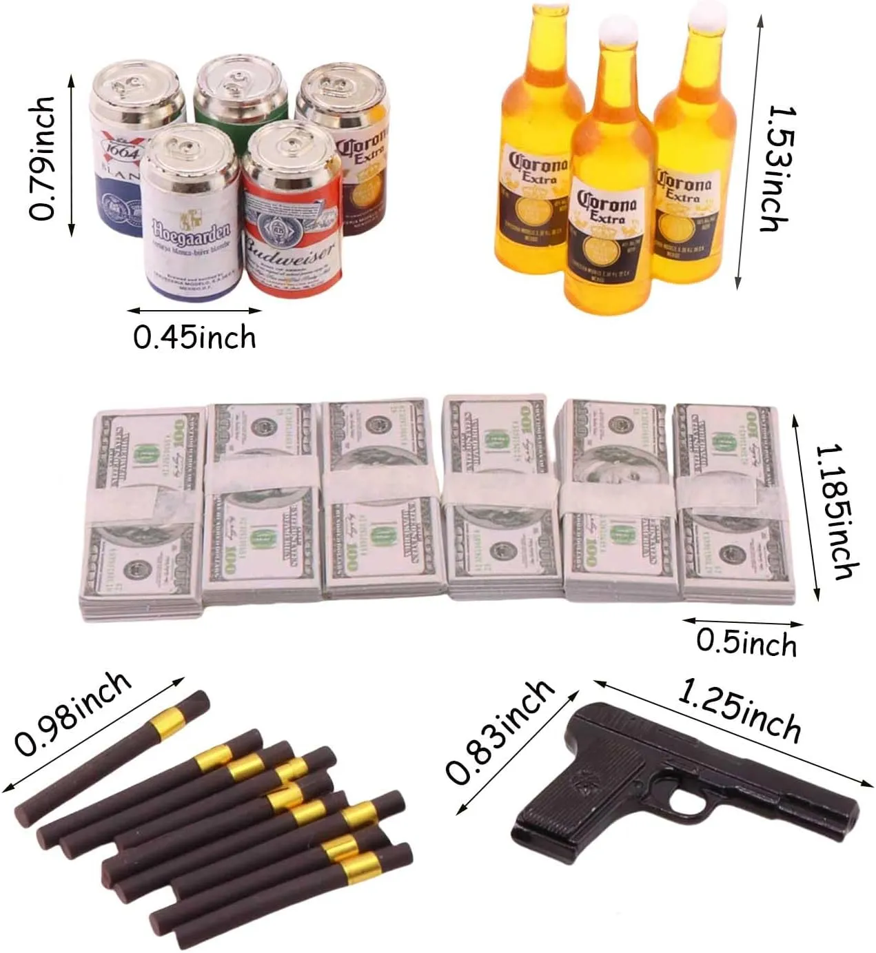 1 Set Mini Prop Miniature Beer Bottles Mini Beer Cans Miniature Money 100 Dollar Bills Model Set for 1/6 Scale Tiny Doll Assesories Dollhouse Decoration Figure Accessories (Set C)