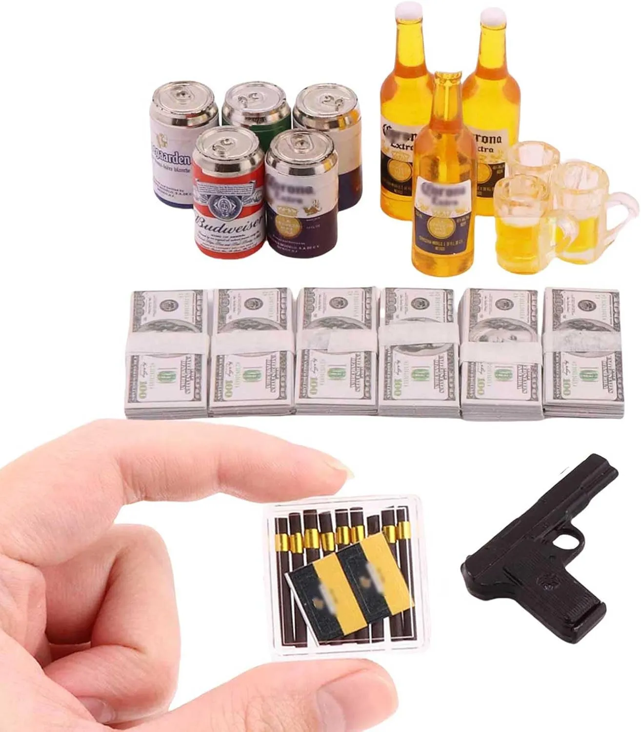 1 Set Mini Prop Miniature Beer Bottles Mini Beer Cans Miniature Money 100 Dollar Bills Model Set for 1/6 Scale Tiny Doll Assesories Dollhouse Decoration Figure Accessories (Set C)