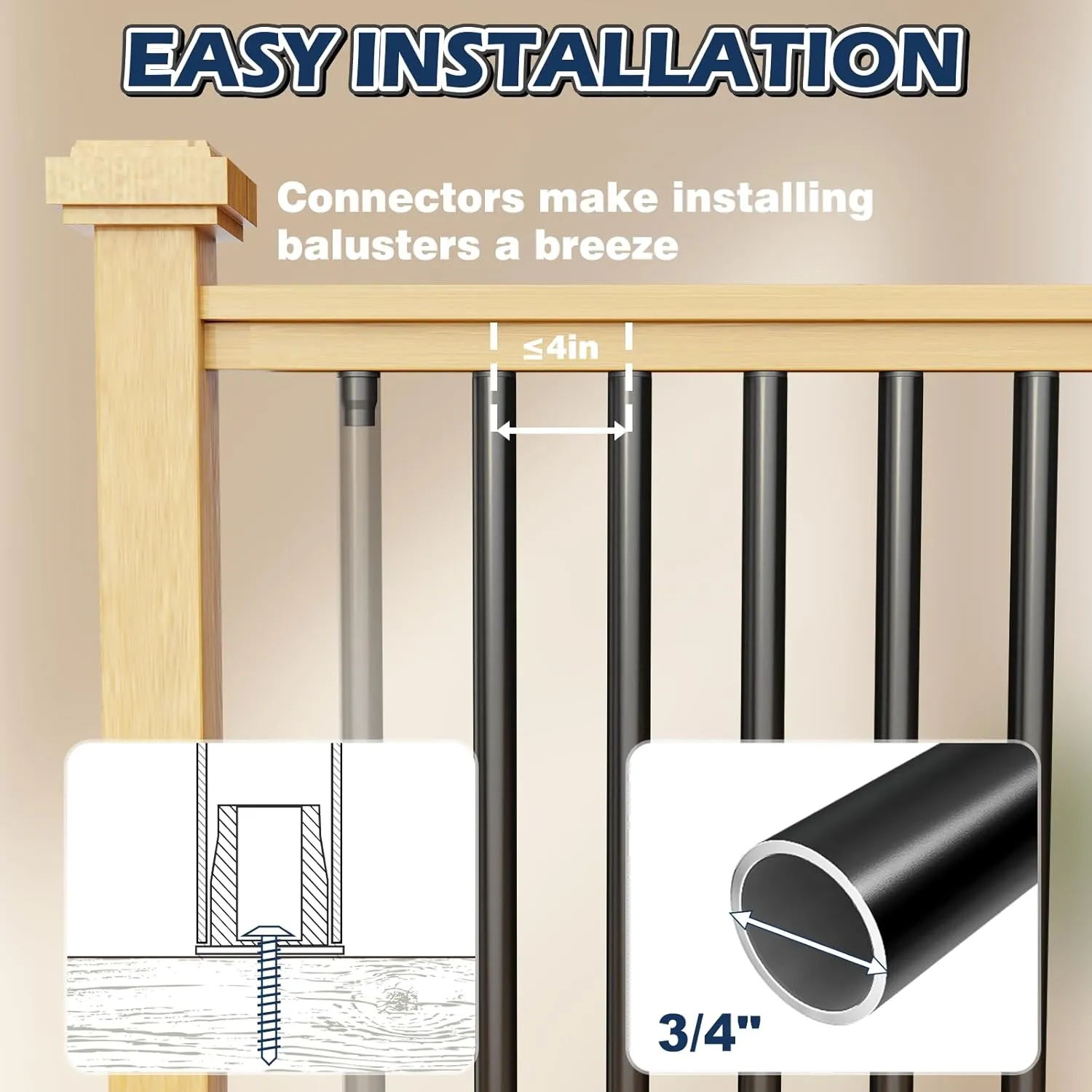 100 Pack 26'' Aluminum Deck Balusters Round Aluminum Balusters for Deck Railing 3/4" Diameter Deck Spindles with Screws Connectors Metal Deck Balusters Staircase Porch Patio (26", 100PC)