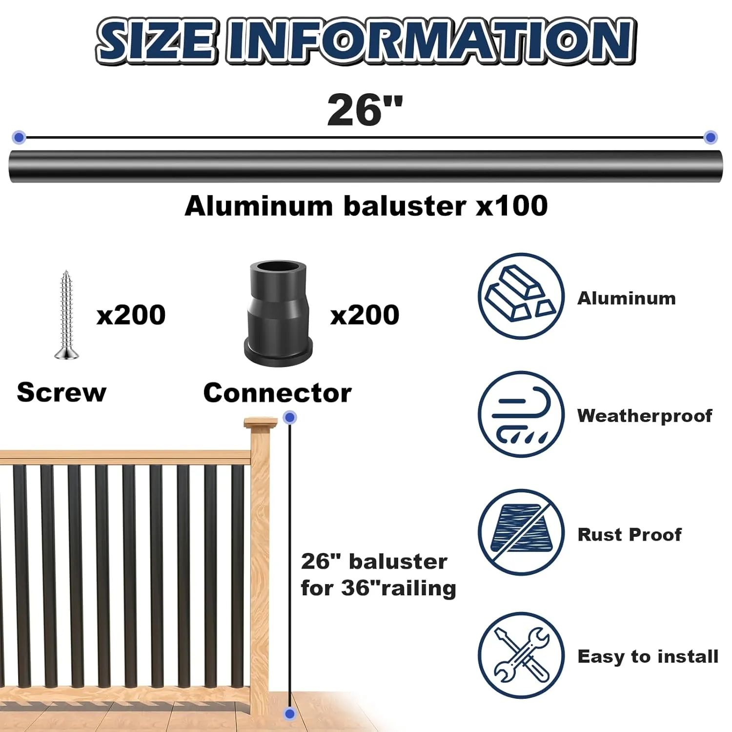 100 Pack 26'' Aluminum Deck Balusters Round Aluminum Balusters for Deck Railing 3/4" Diameter Deck Spindles with Screws Connectors Metal Deck Balusters Staircase Porch Patio (26", 100PC)