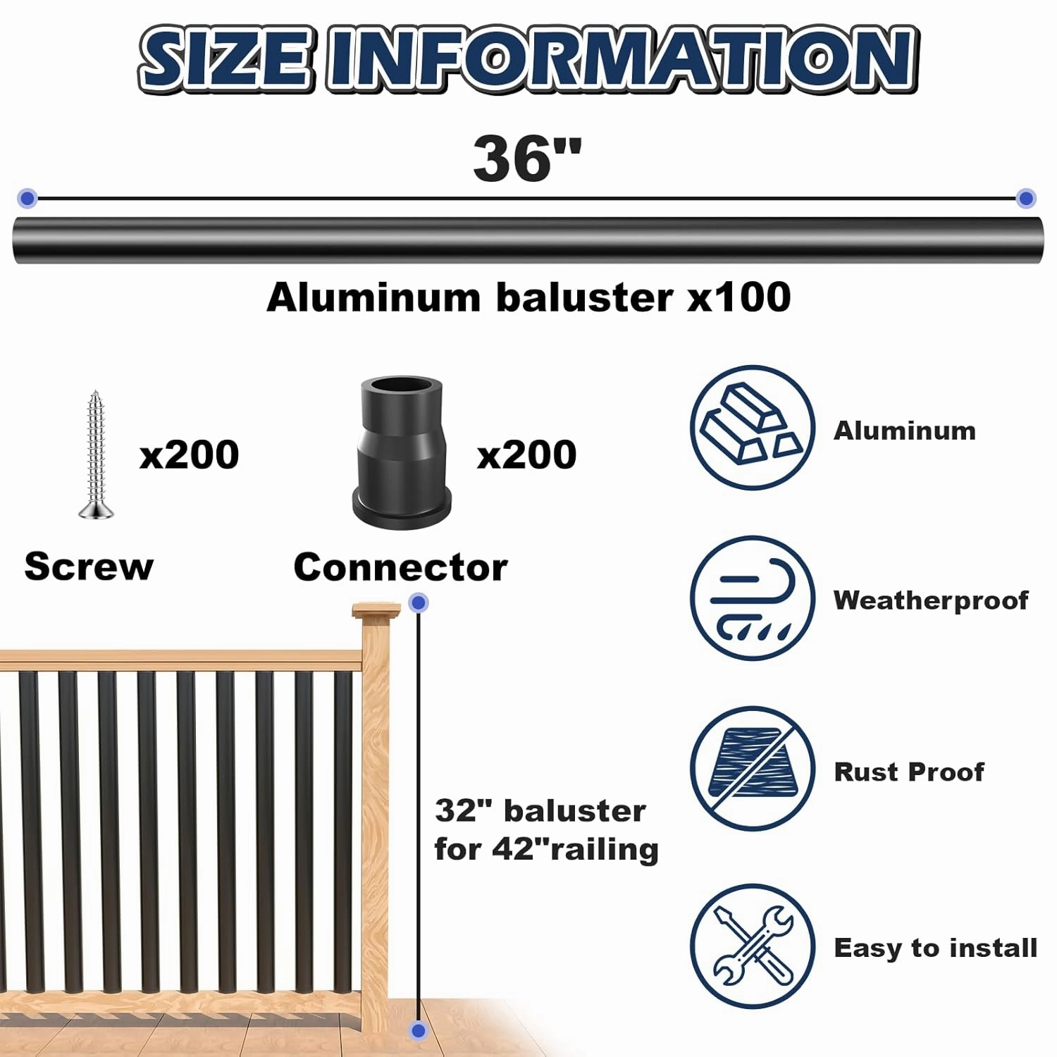 100 Pack 36'' Aluminum Deck Balusters Round Aluminum Balusters for Deck Railing 3/4" Diameter Deck Spindles with Screws Connectors Metal Deck Balusters Staircase Porch Patio (36", 100PC)