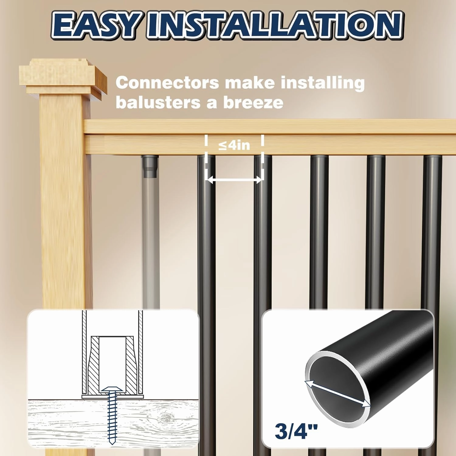 100 Pack 36'' Aluminum Deck Balusters Round Aluminum Balusters for Deck Railing 3/4" Diameter Deck Spindles with Screws Connectors Metal Deck Balusters Staircase Porch Patio (36", 100PC)