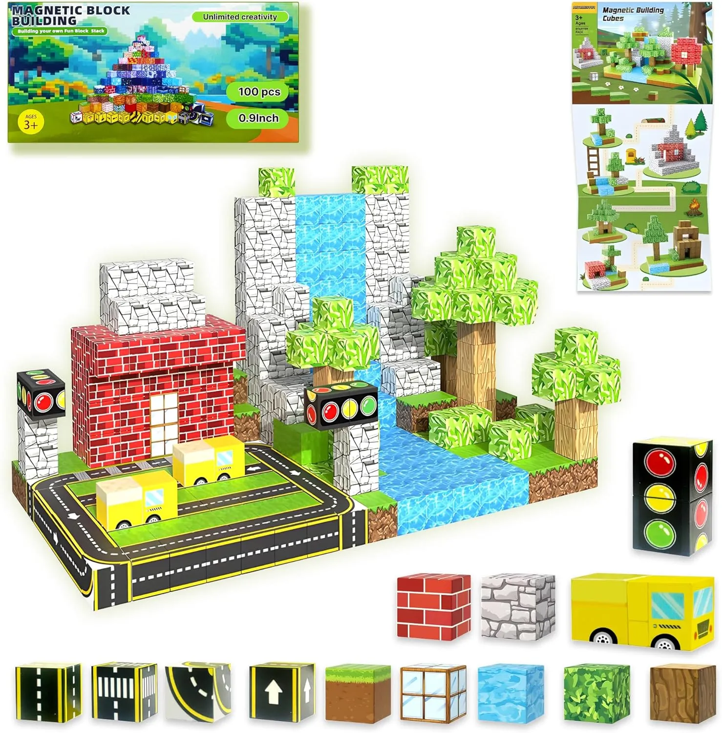 100PCS Magnetic Building Blocks for Kids Ages 4-8,Magnet STEM Sensory Toys- Mine World Build Set,Tiles Road Track,Christmas Birthday Gifts Toy