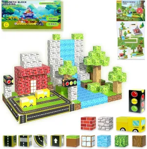100PCS Magnetic Building Blocks for Kids Ages 4-8,Magnet STEM Sensory Toys- Mine World Build Set,Tiles Road Track,Christmas Birthday Gifts Toy