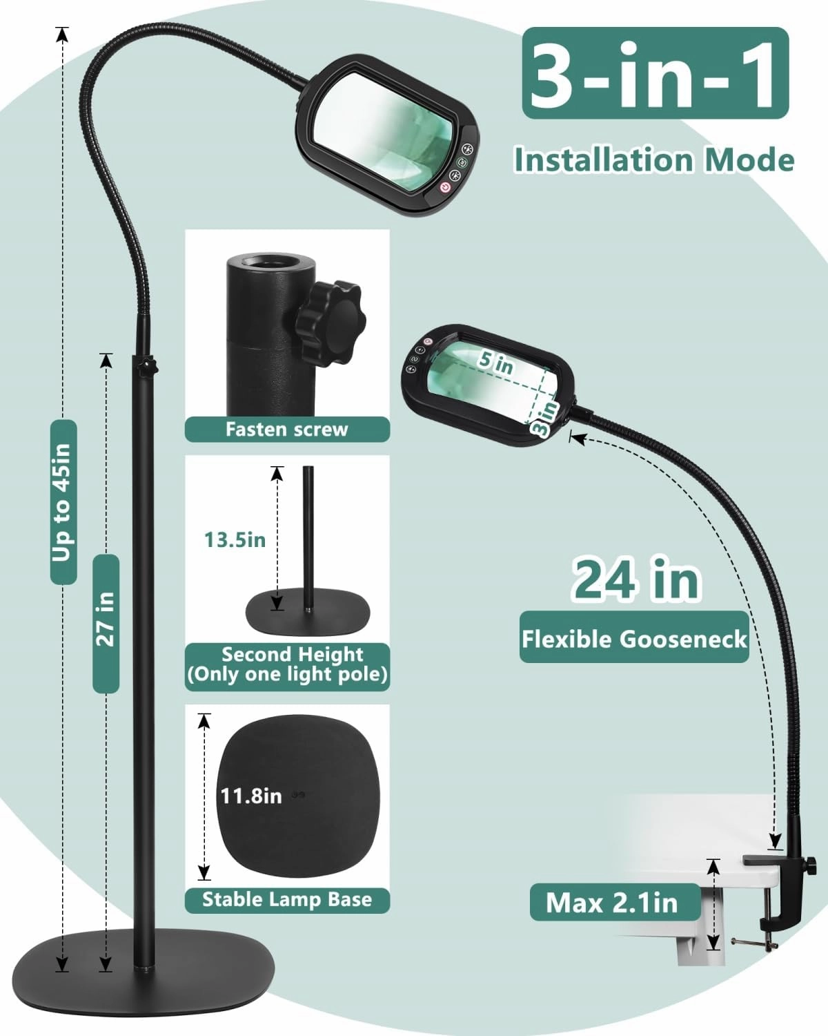 10X Rectangle Magnifying Glass with Light and Stand, 24" Flexible Gooseneck 3-in-1 Floor Lamp, 5 Color Modes Stepless Dimmable, LED Lighted Hands Free Magnifier for Reading Crafts Painting Close Work