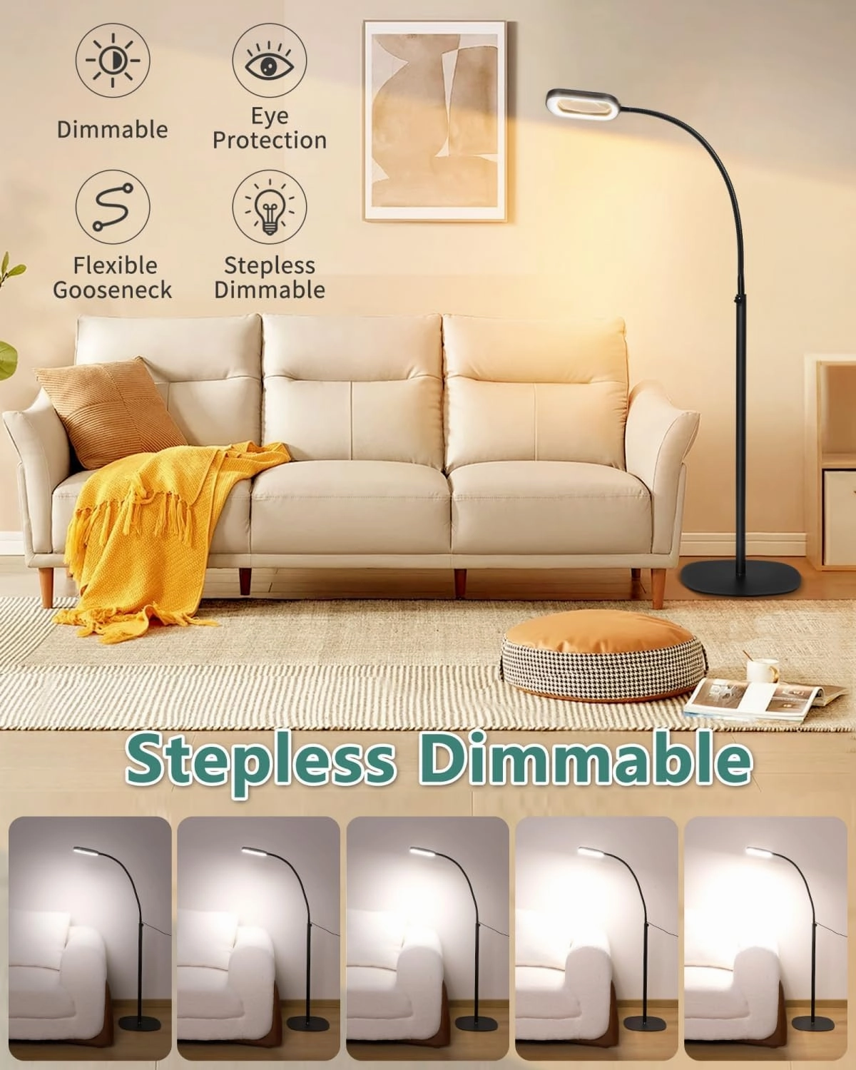 10X Rectangle Magnifying Glass with Light and Stand, 24" Flexible Gooseneck 3-in-1 Floor Lamp, 5 Color Modes Stepless Dimmable, LED Lighted Hands Free Magnifier for Reading Crafts Painting Close Work