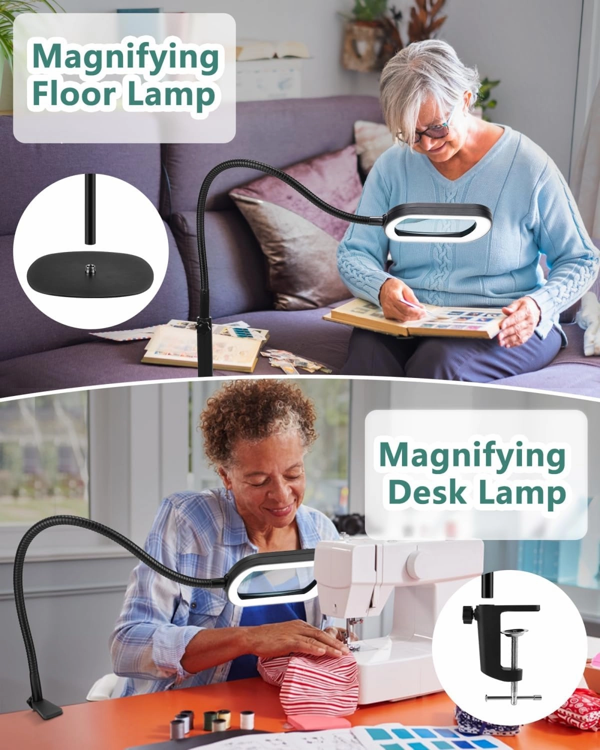 10X Rectangle Magnifying Glass with Light and Stand, 24" Flexible Gooseneck 3-in-1 Floor Lamp, 5 Color Modes Stepless Dimmable, LED Lighted Hands Free Magnifier for Reading Crafts Painting Close Work