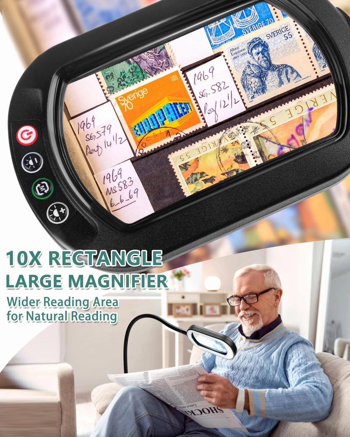 10X Rectangle Magnifying Glass with Light and Stand, 24" Flexible Gooseneck 3-in-1 Floor Lamp, 5 Color Modes Stepless Dimmable, LED Lighted Hands Free Magnifier for Reading Crafts Painting Close Work