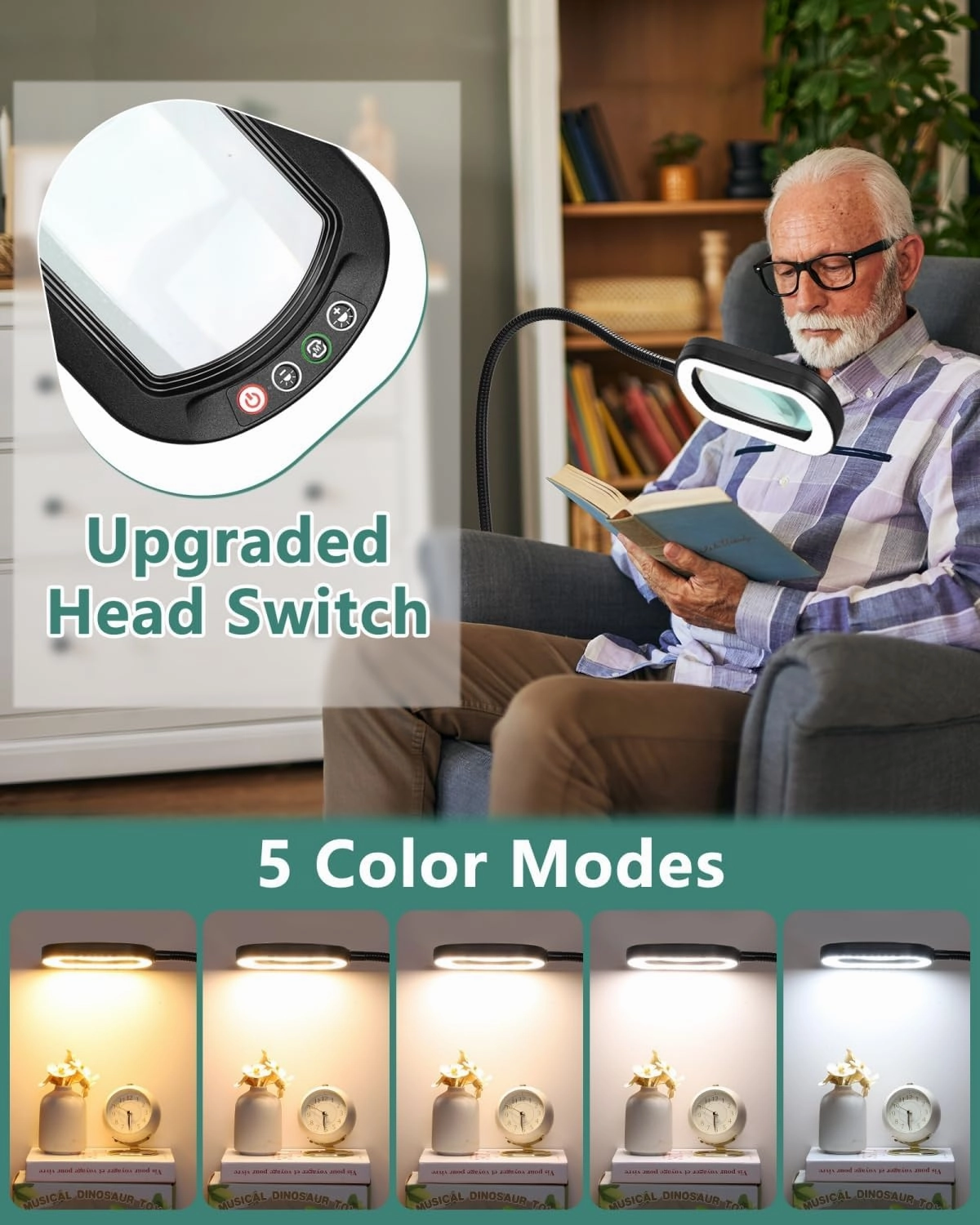 10X Rectangle Magnifying Glass with Light and Stand, 24" Flexible Gooseneck 3-in-1 Floor Lamp, 5 Color Modes Stepless Dimmable, LED Lighted Hands Free Magnifier for Reading Crafts Painting Close Work