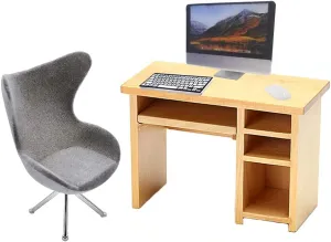 1:12 Scale Miniature Home Furniture Set Miniature Office Table and Chair Mini Simulation Desktop Computer with Mouse Keyboard Model