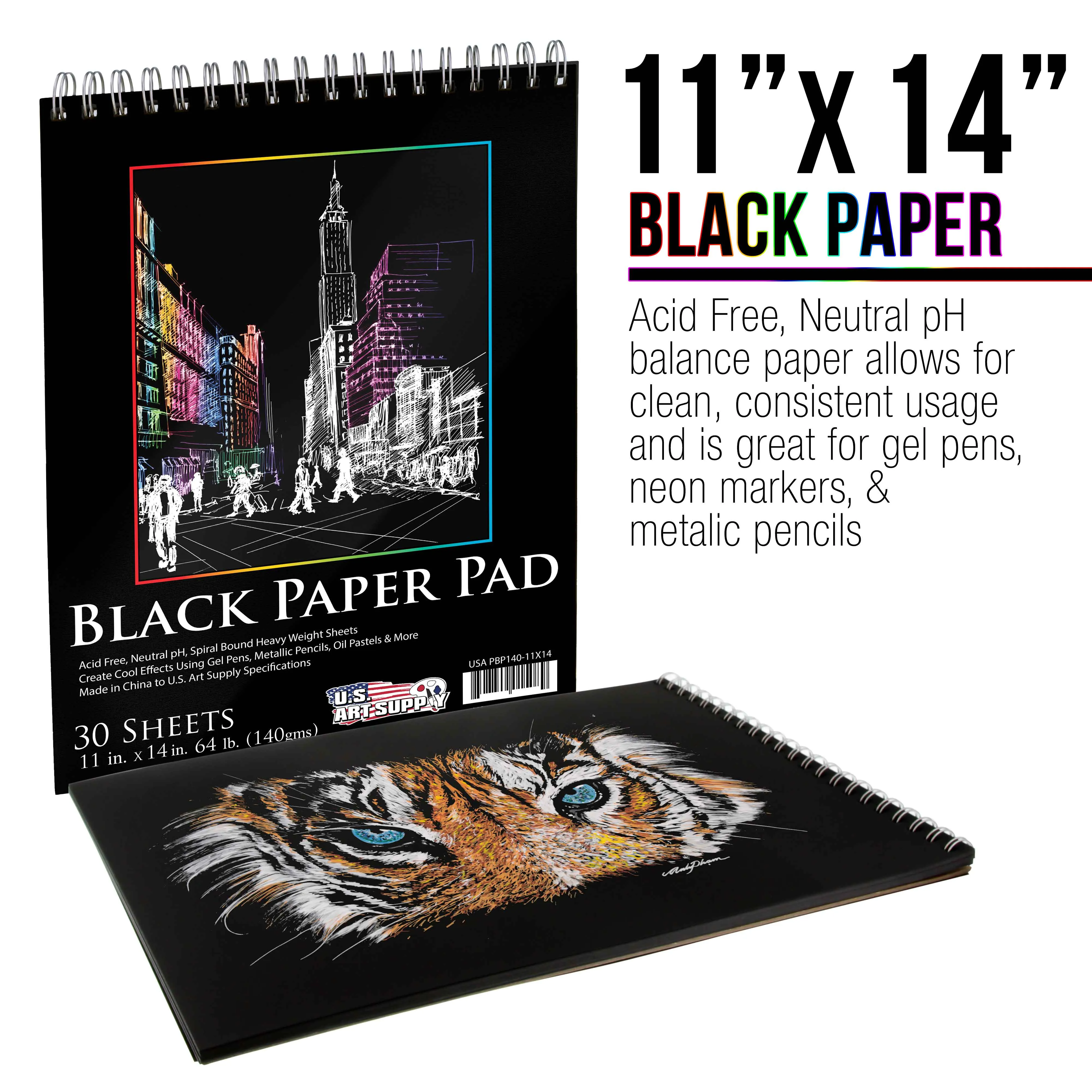 11x14" Premium Heavy-Weight Black Paper Sketchbook, 64lb (140gsm), 2 Pack, 30 Sheets, Spiral Bound, Black Paper Notebook for Colored Pencil, Markers, Oil Pastels, Chalk, Charcoal