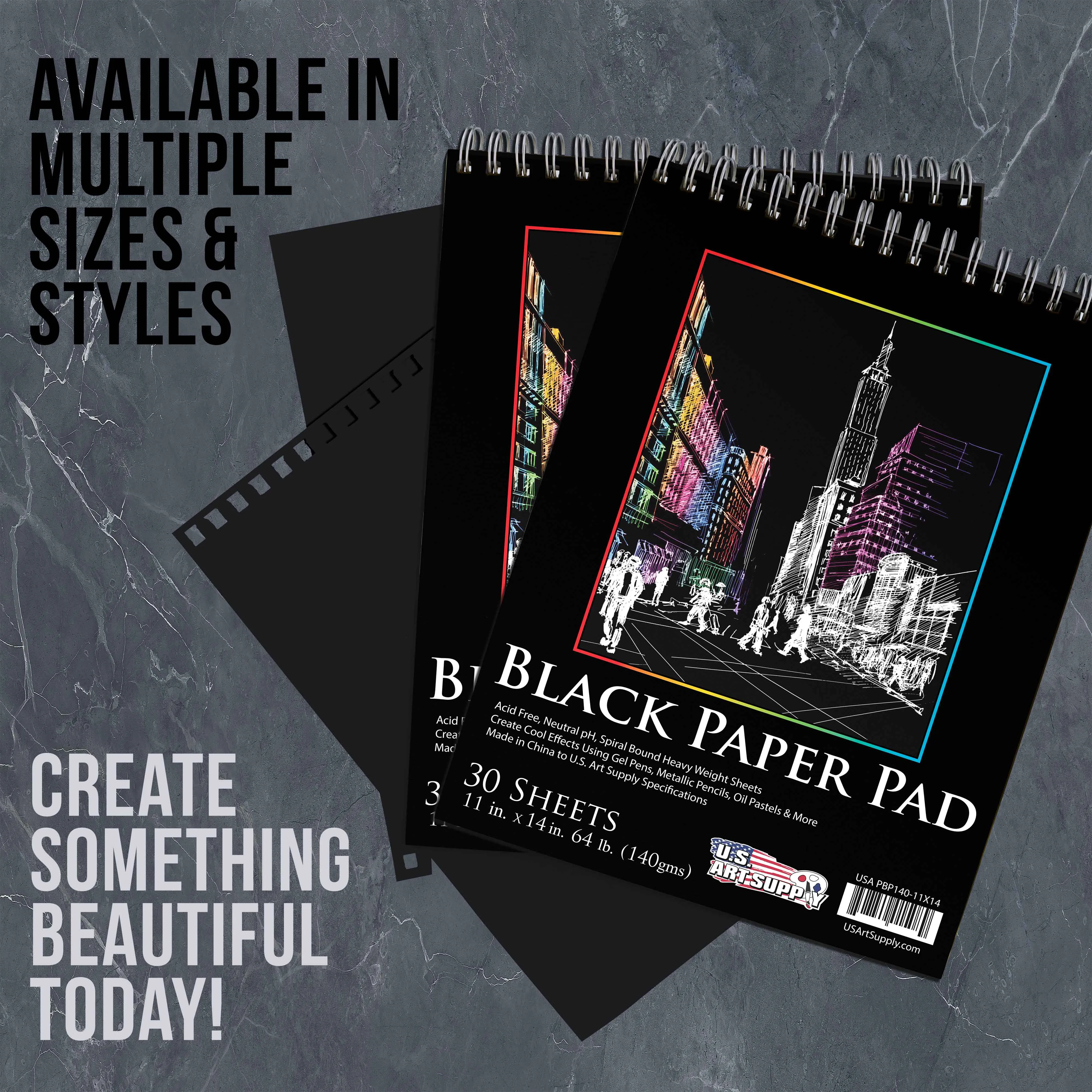 11x14" Premium Heavy-Weight Black Paper Sketchbook, 64lb (140gsm), 2 Pack, 30 Sheets, Spiral Bound, Black Paper Notebook for Colored Pencil, Markers, Oil Pastels, Chalk, Charcoal