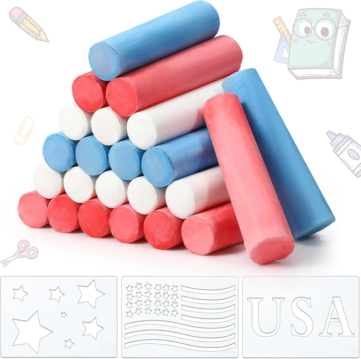 120 Pcs Large Chalk with 15 Pcs Patriotic Stencils, Blue Red White Sidewalk Chalk with USA Star Flag Drawing Template, Washable Chalk for Outdoor Playground Chalkboard Painting