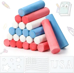 120 Pcs Large Chalk with 15 Pcs Patriotic Stencils, Blue Red White Sidewalk Chalk with USA Star Flag Drawing Template, Washable Chalk for Outdoor Playground Chalkboard Painting