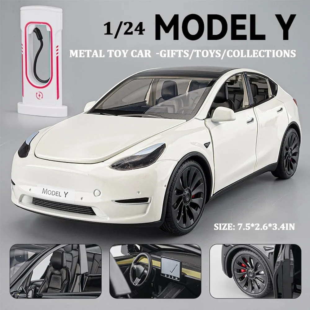 1/24 Model Y Alloy Simulation Casting Toy Car, Children's Dream Toys Car Toys with Sound, Light, Pull-Back, Birthday Gifts for Kids or Car Lovers White Elephant Gifts - White