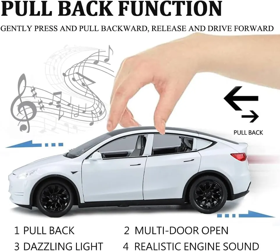 1/24 Model Y Alloy Simulation Casting Toy Car, Children's Dream Toys Car Toys with Sound, Light, Pull-Back, Birthday Gifts for Kids or Car Lovers White Elephant Gifts - White