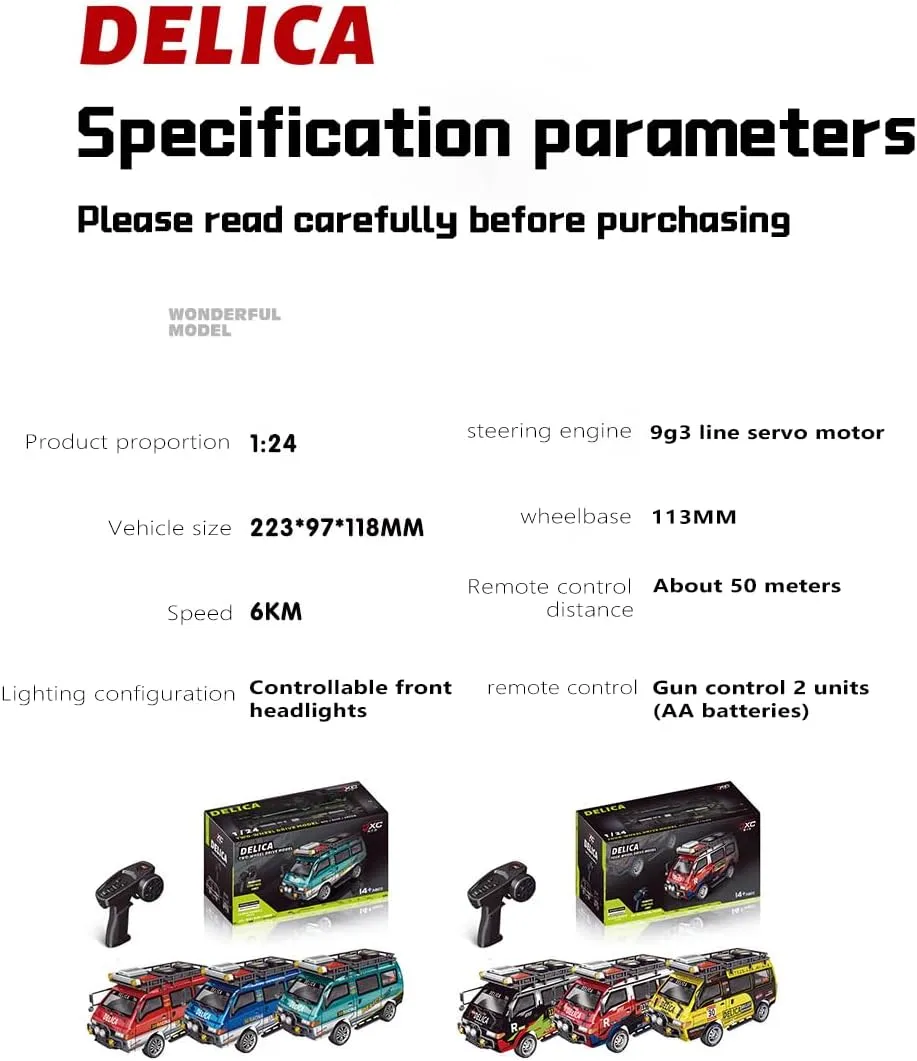 1:24 Scale RC Car Station Wagon for Delica, 4WD Full Scale Brushed 2.4GHZ Remote Control Off-Road Truck Simulation Model with LED Lights Vehicle for Adults