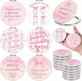 12 Pcs Pink Bow Coquette Mini Compact Mirrors Inspirational Christian Gifts Bulk for Women Portable Round Bible Verse Pocket Makeup Mirror Religious Gifts for Women Office School Church Party Favor