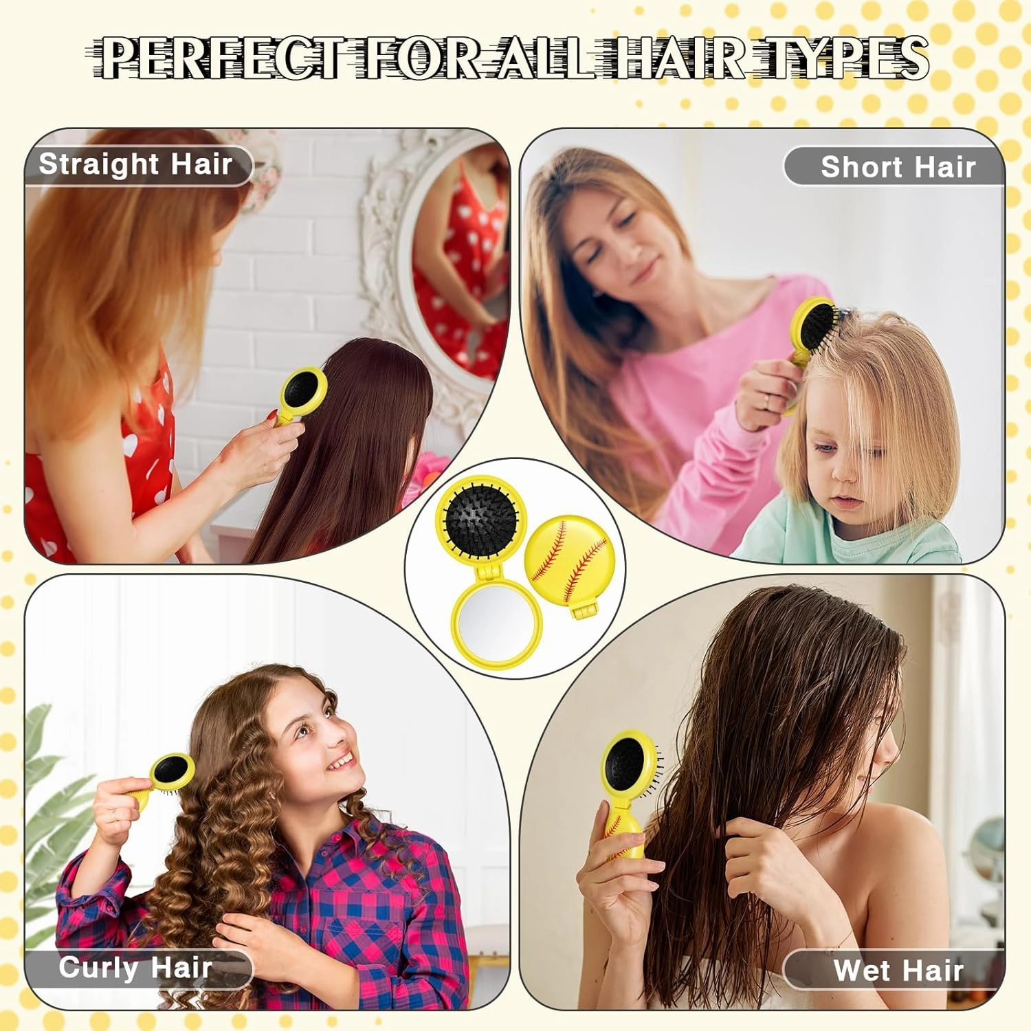 12 Pcs Softball Mini Detangler Brush, Folding Mirror Hair Brushes, Mini Travel Hair Brush, No Tangle Soft Flexible Bristles for Straight, Curly, Thick Hair for Softball Team Gift Sport Party