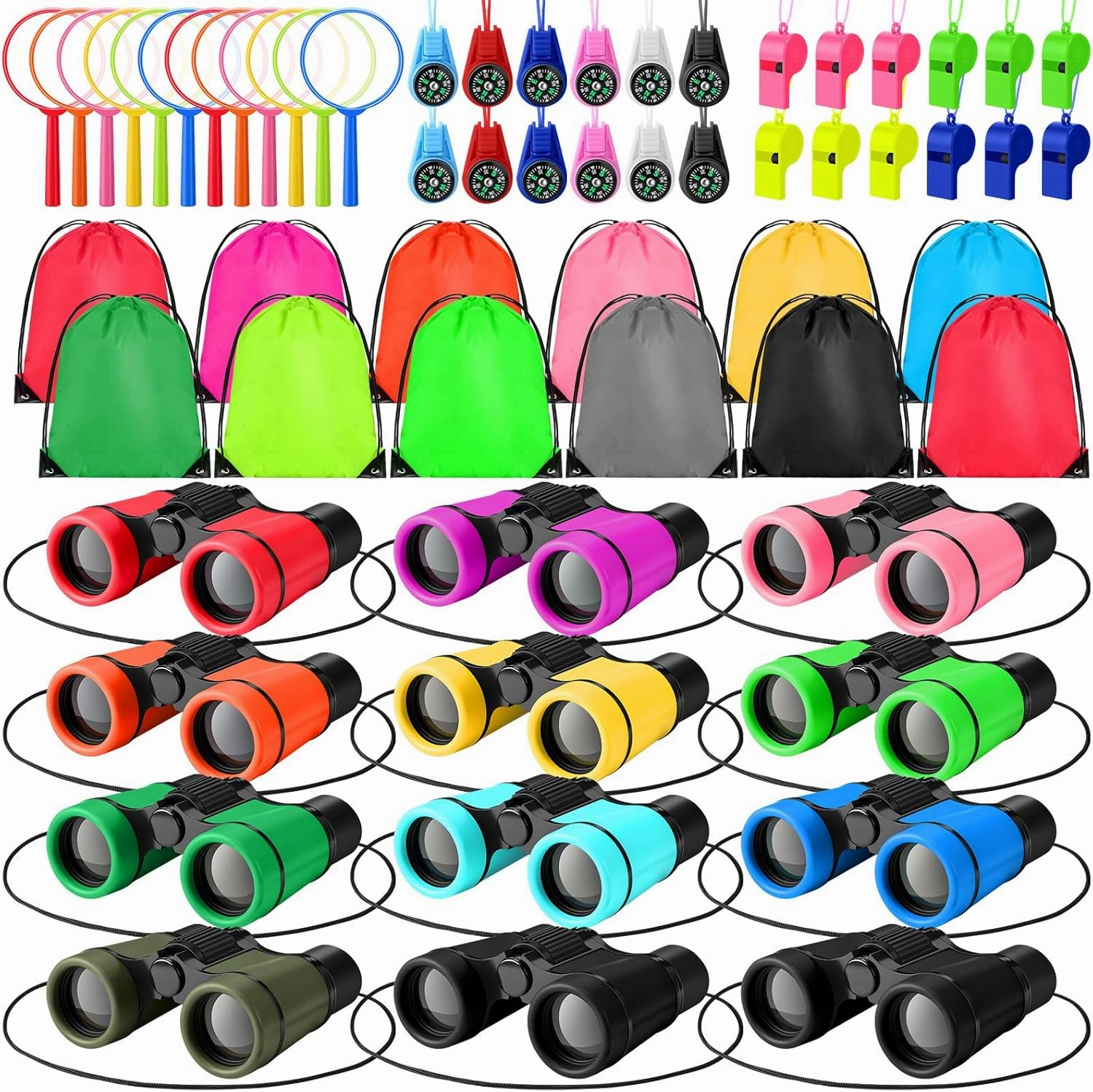 12 Sets Mini Compact Binocular Compass Magnifying Glass Set Small Telescope Binocular with Whistle Bag for Bird Watching Hiking Outdoor Exploring Camping Travel