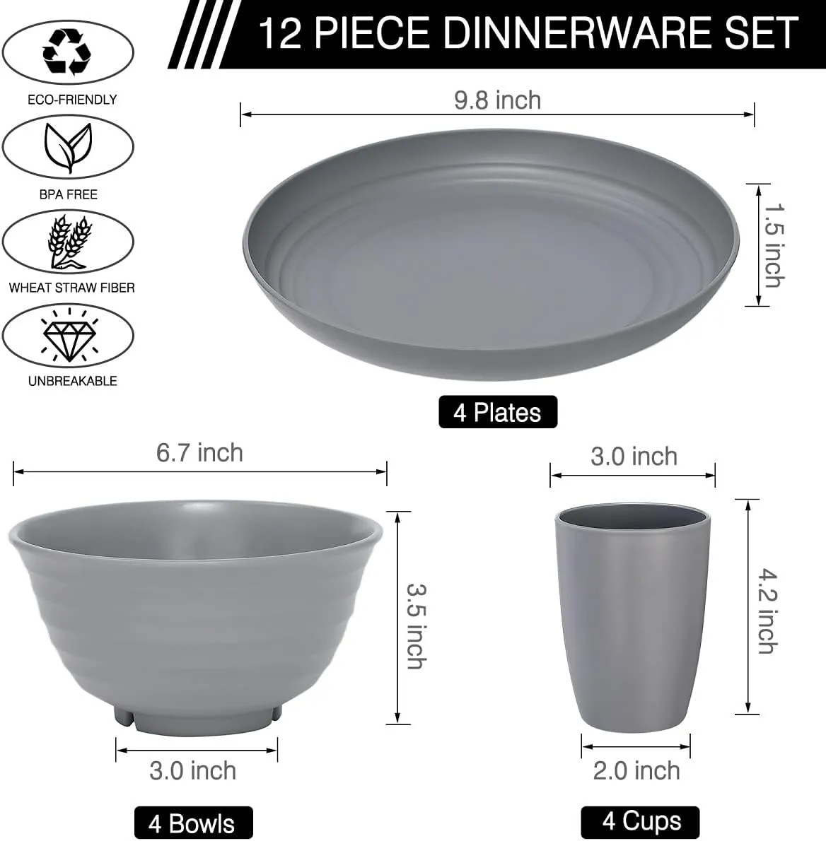 12pcs Plastic Wheat Straw Dinnerware Sets, Wheat Straw Plates and Bowls Sets for 4 College Dorm Room Essentials Microwave Dishwasher Safe (Gray)