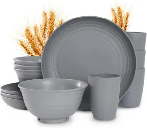 12pcs Plastic Wheat Straw Dinnerware Sets, Wheat Straw Plates and Bowls Sets for 4 College Dorm Room Essentials Microwave Dishwasher Safe (Gray)