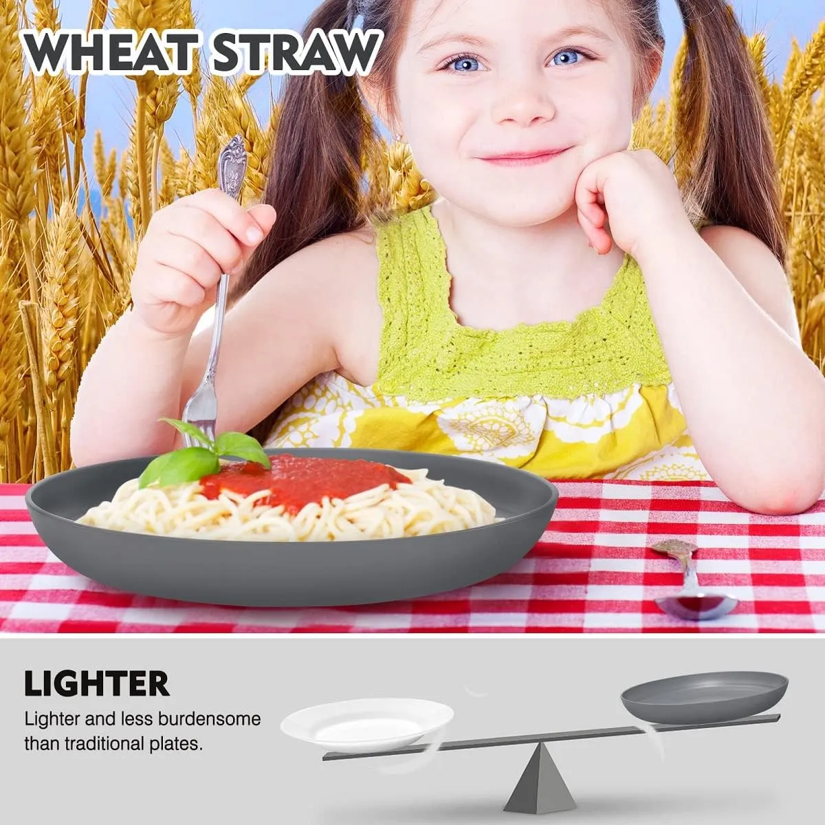 12pcs Plastic Wheat Straw Dinnerware Sets, Wheat Straw Plates and Bowls Sets for 4 College Dorm Room Essentials Microwave Dishwasher Safe (Gray)