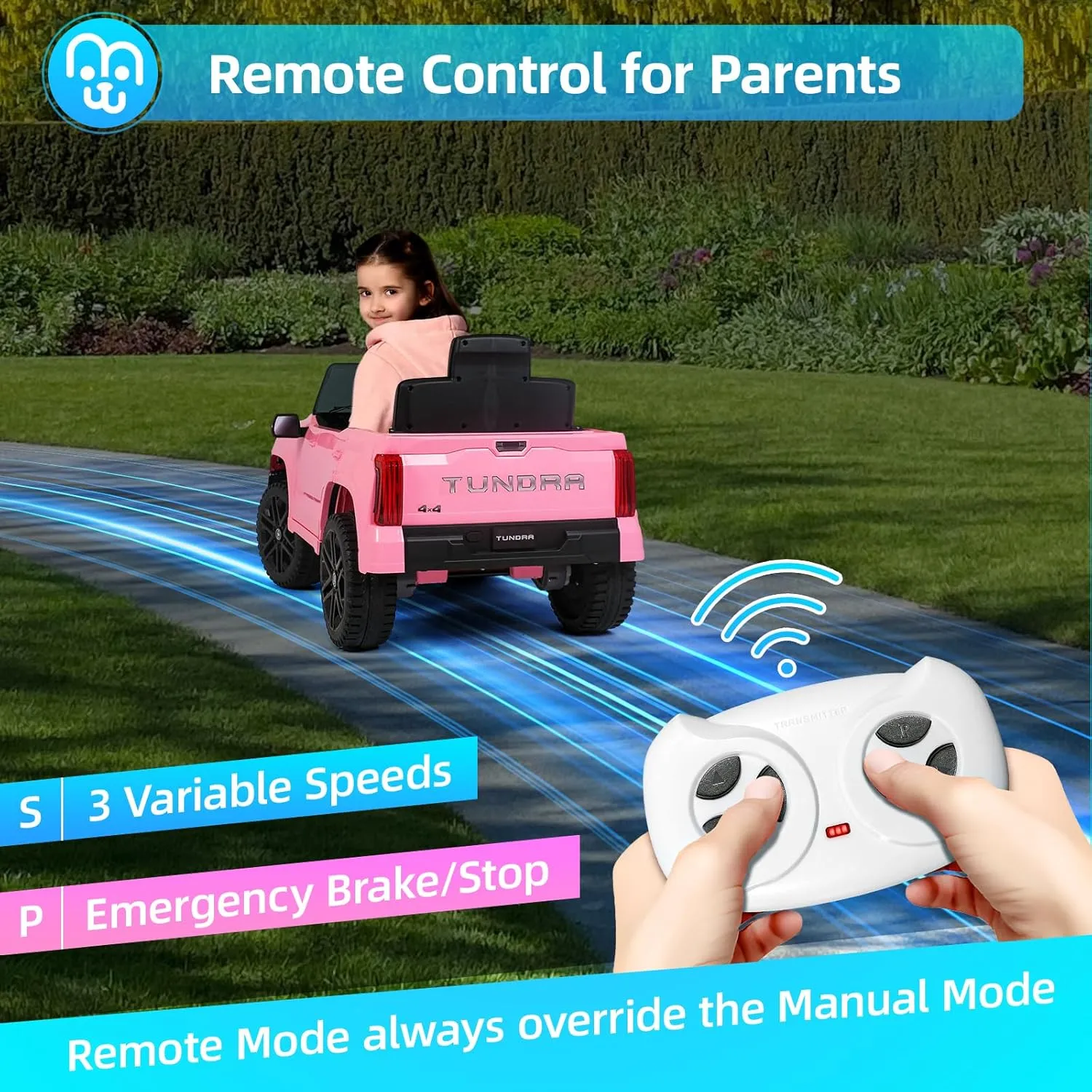 12V 7Ah Kids Electric Ride on Car Battery Powered Electric Truck Trunk with Remote Control Bluetooth Music MP3 Player 4 Wheel Full Suspension Gift for Boys Girls-Pink