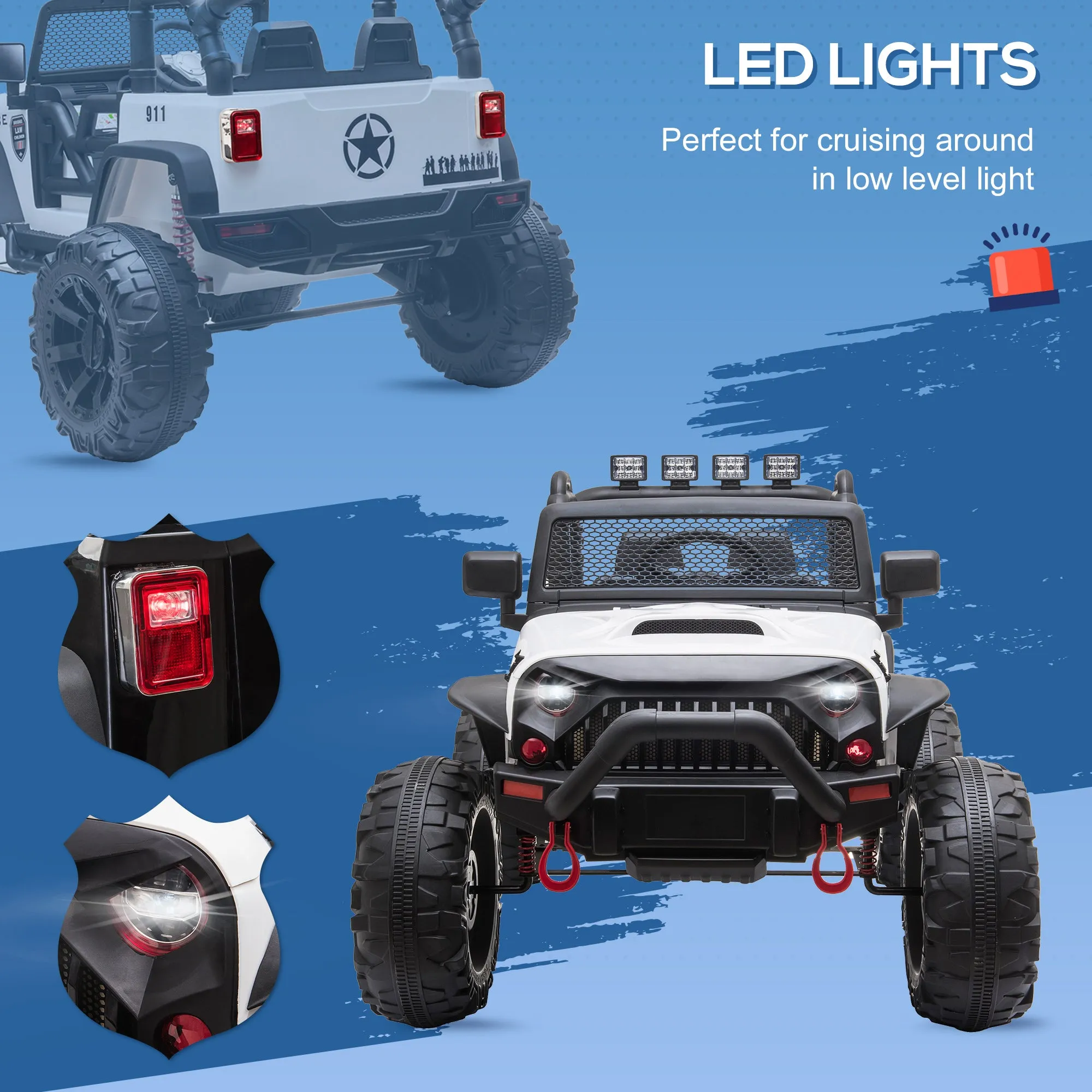 12V Battery-powered Kids Electric Ride On Police Car 2-Seater SUV Truck Toy with Parental Remote Control Bluetooth, White