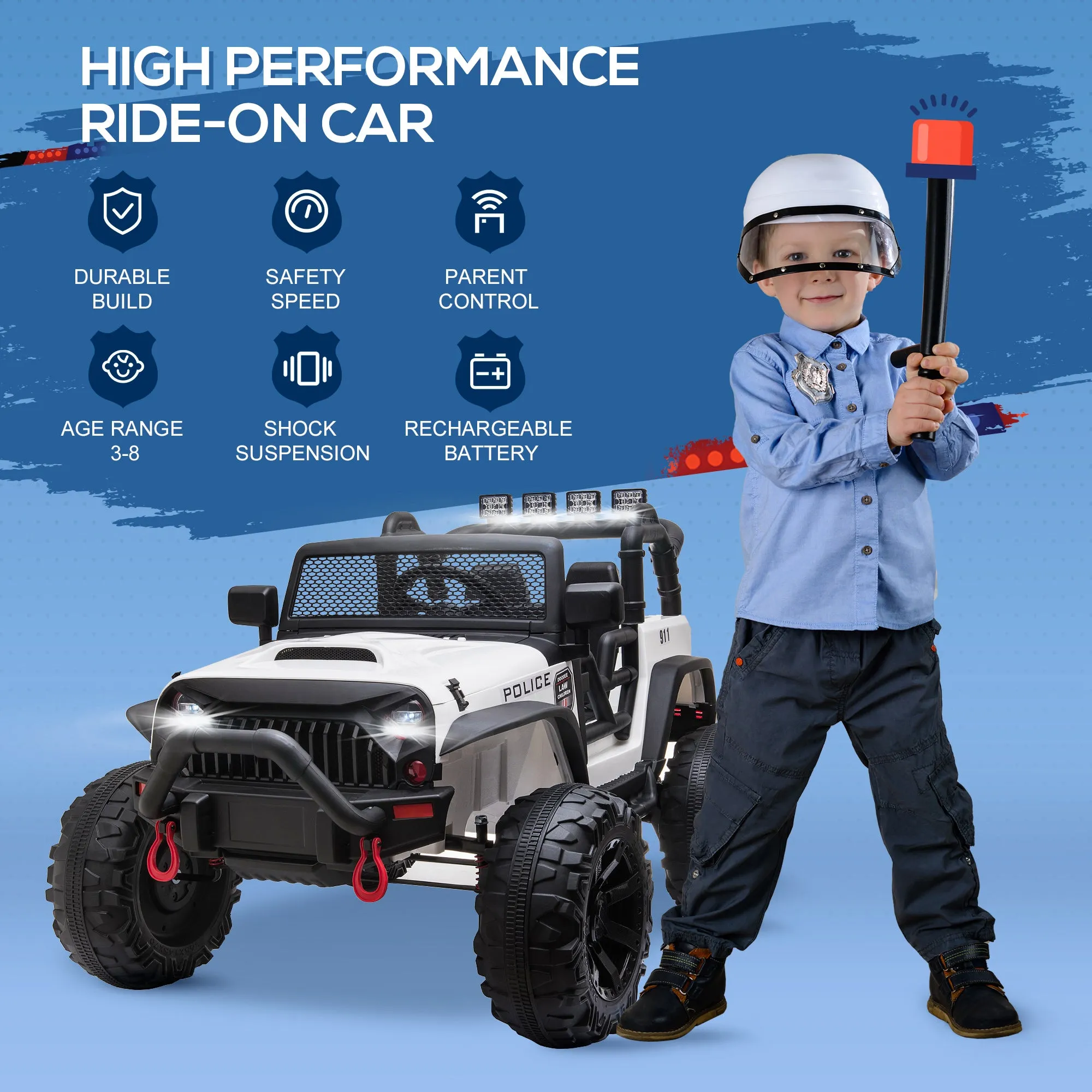 12V Battery-powered Kids Electric Ride On Police Car 2-Seater SUV Truck Toy with Parental Remote Control Bluetooth, White