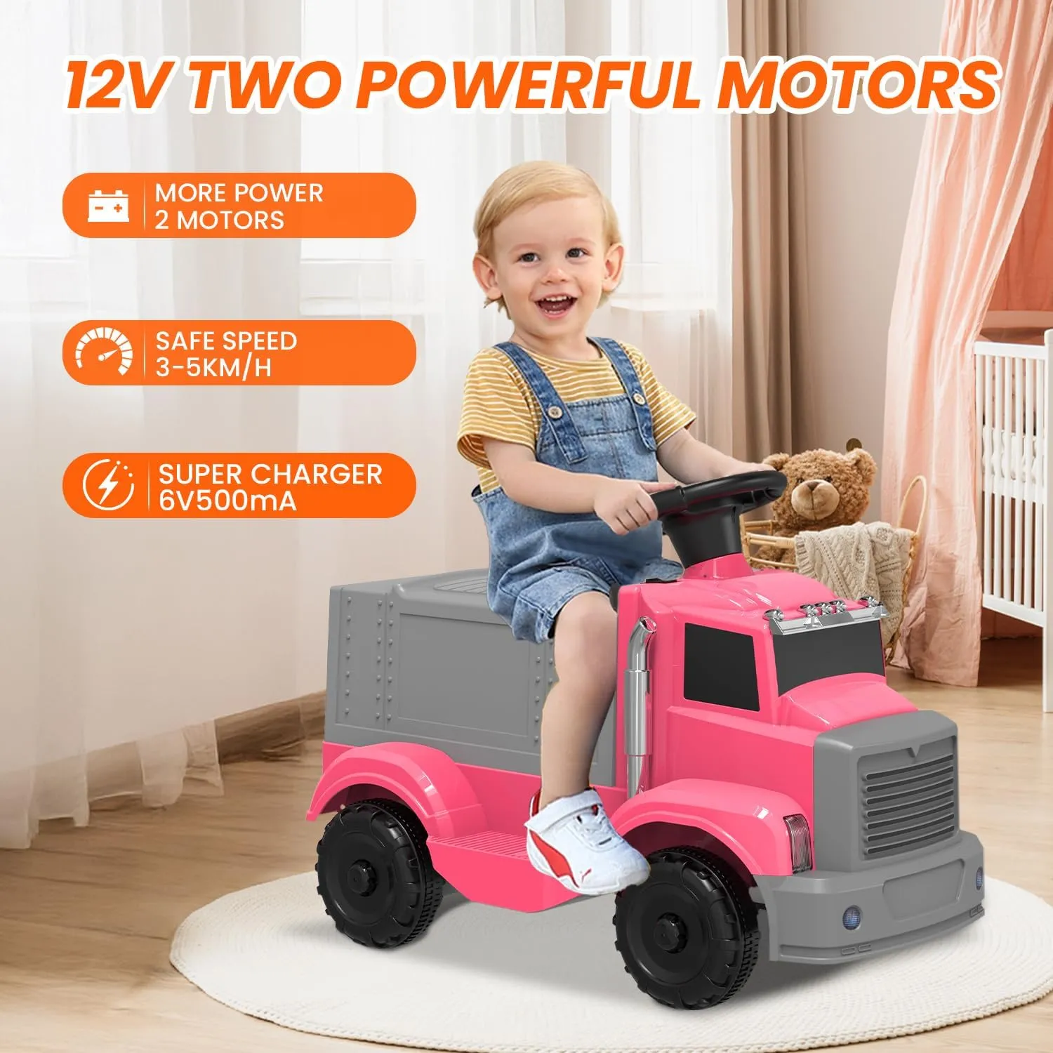 12V Electric Ride On Car for Toddlers, Kids Vehicle with Steering Wheel, Under-Seat Storage, Headlights, Music, Battery Powered Toy Car for Boys and Girls, Pink