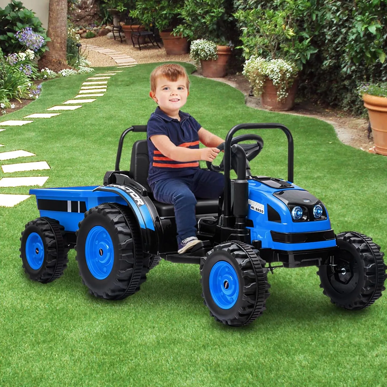 12V Electric Ride-On Tractor for Kids with Trailer, Remote Control, Music LED Light, Rear Wheel Suspension, Battery Powered Toy Vehicle Car, 3 Speeds, Safety Belt, Christmas Gift for Boys Girls, Blue