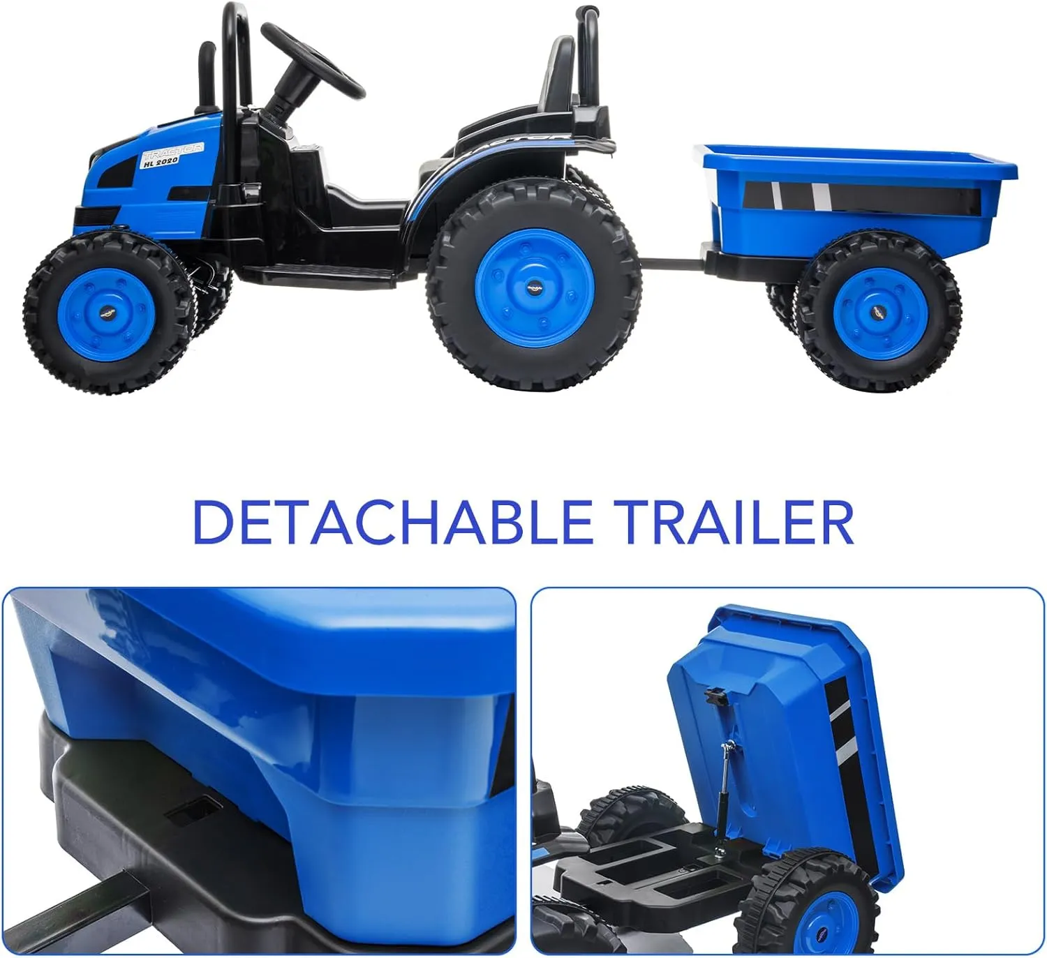 12V Electric Ride-On Tractor for Kids with Trailer, Remote Control, Music LED Light, Rear Wheel Suspension, Battery Powered Toy Vehicle Car, 3 Speeds, Safety Belt, Christmas Gift for Boys Girls, Blue