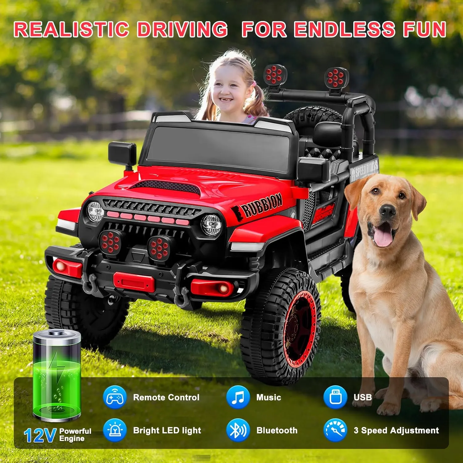 12V Electric Ride-On Truck for Kids: Ride on Jeep with Parental Remote Control,Openable Doors, Music & MP3 Connectivity - Safe & Durable Electric VehicleToy for Girls Boys(Red)