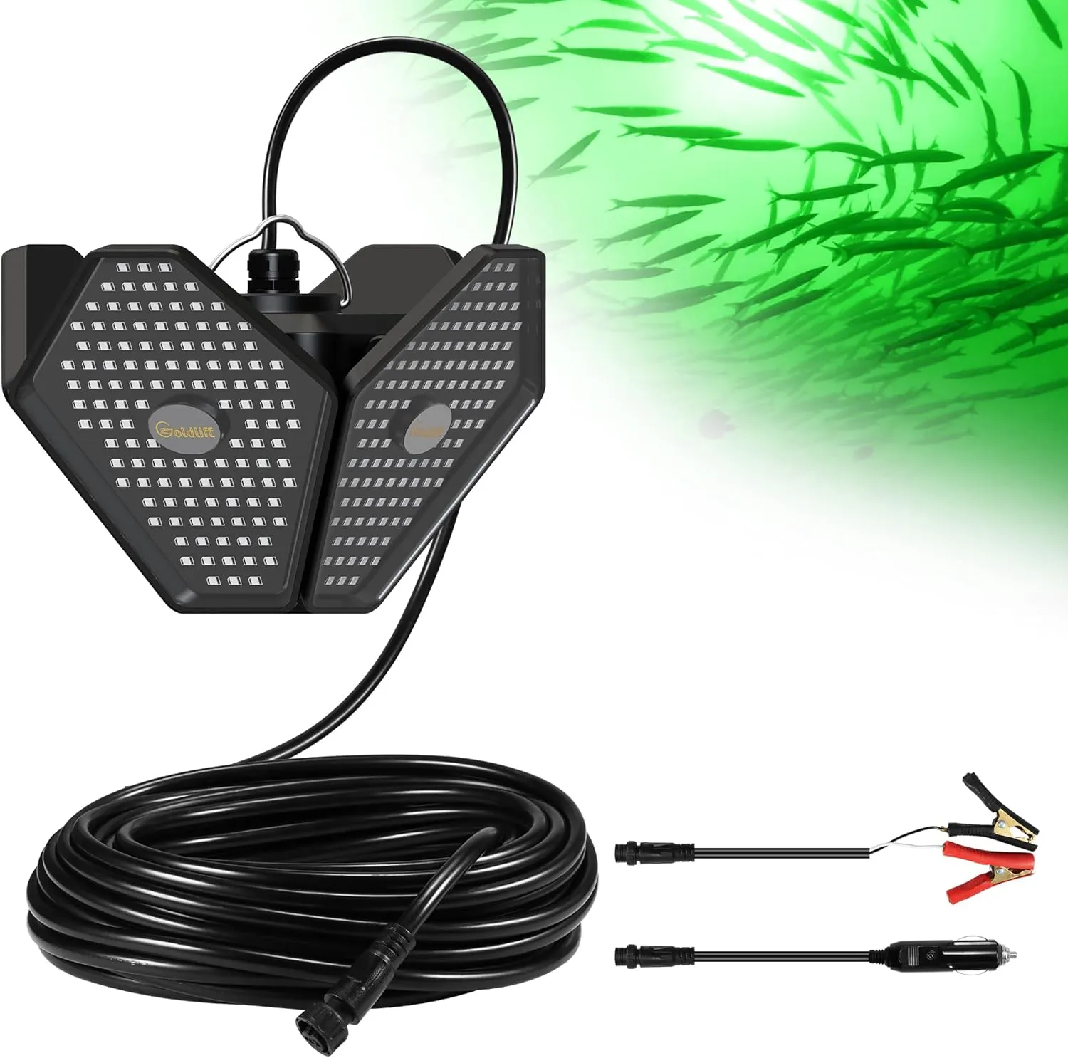 12V Foldable Underwater Fishing Light with 50FT Cable, 400W 40000LM Brightness Green LED Submersible Light Attractants for Docks/Boats/Kayaks, IP69K Rated for Fresh & Salt Water