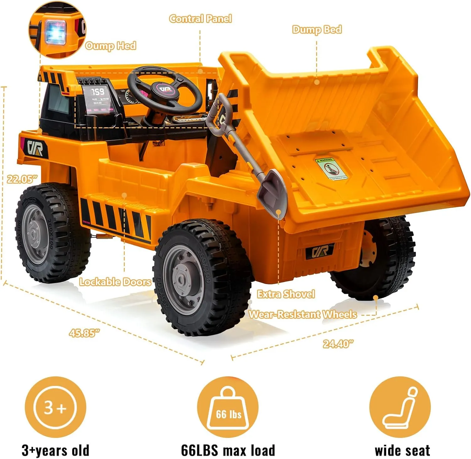 12V for Kids Rde On Car, Ride On Dump Truck, 4 Wheeler Toy, Ride On Toys for Kids, Electric Cars for Kids with Dump Bed, Shovel, Ride On Construction Vehicle with Music Player