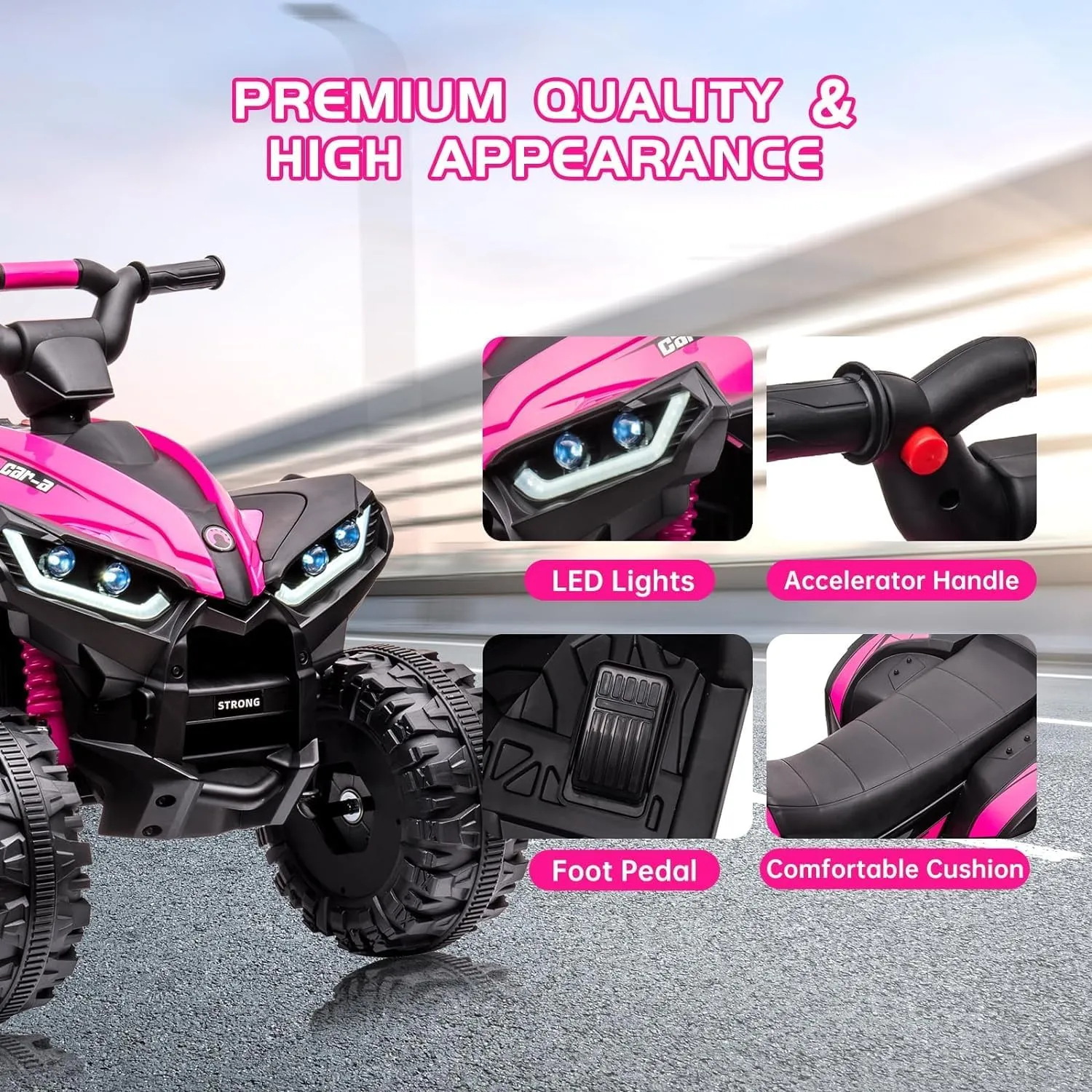 12V Kids Ride On ATV,Battery Powered Electric Four Wheeler with Music, Led Lights, High/Low Speed Modes, USB Port, Treaded Tires, Remote Control, and 3 Speeds for Boys and Girls(Pink)