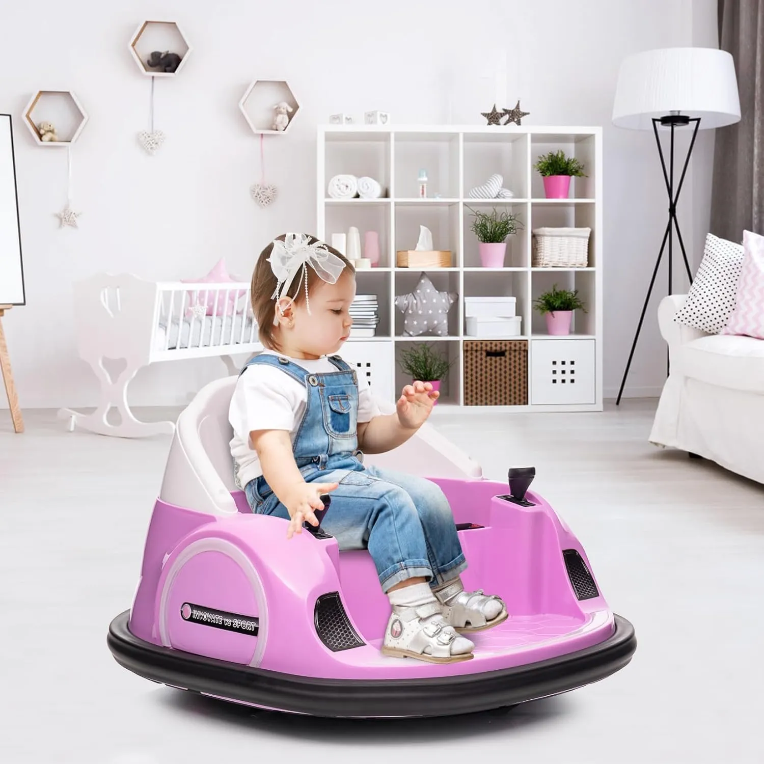 12V Kids Ride On Bumper Car Toddlers Electric Bumping Car Battery Powered Ride On Toy with Remote Control, Battery Display, 360°Spin, LED Lights, Music, Pink
