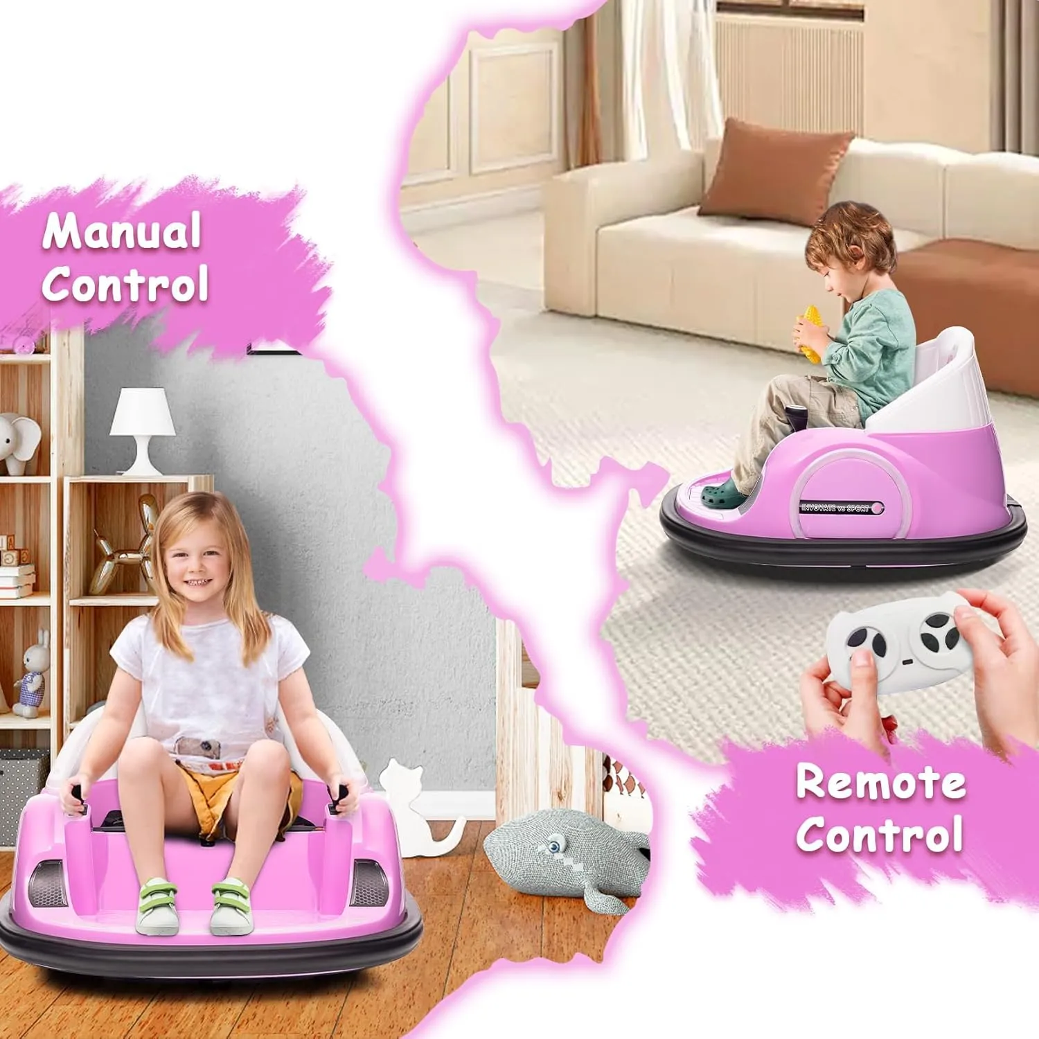 12V Kids Ride On Bumper Car Toddlers Electric Bumping Car Battery Powered Ride On Toy with Remote Control, Battery Display, 360°Spin, LED Lights, Music, Pink