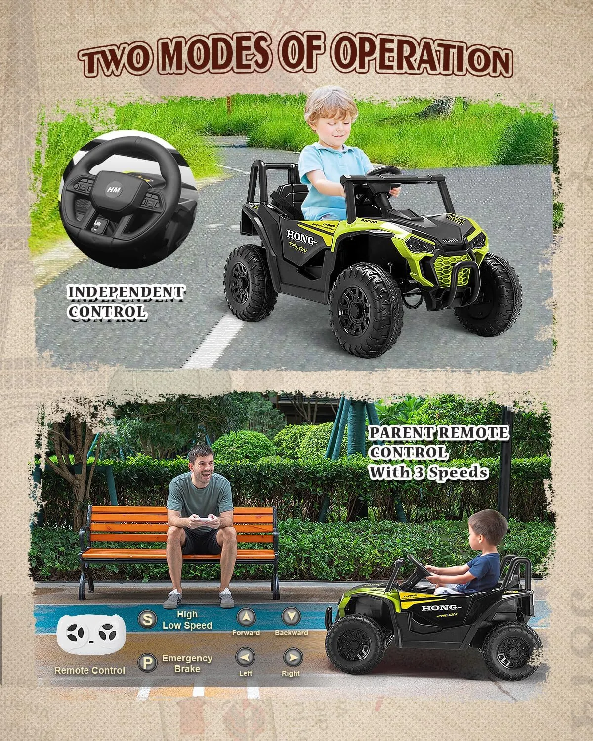 12V Kids Ride on Car, Battery Powered Electric UTV Truck with Parent Remote Control, Bluetooth, Music, LED Light, 3 Speeds, Soft Start, Safety Belt, Horn, Ride on Toys for Boy Girl (Green)
