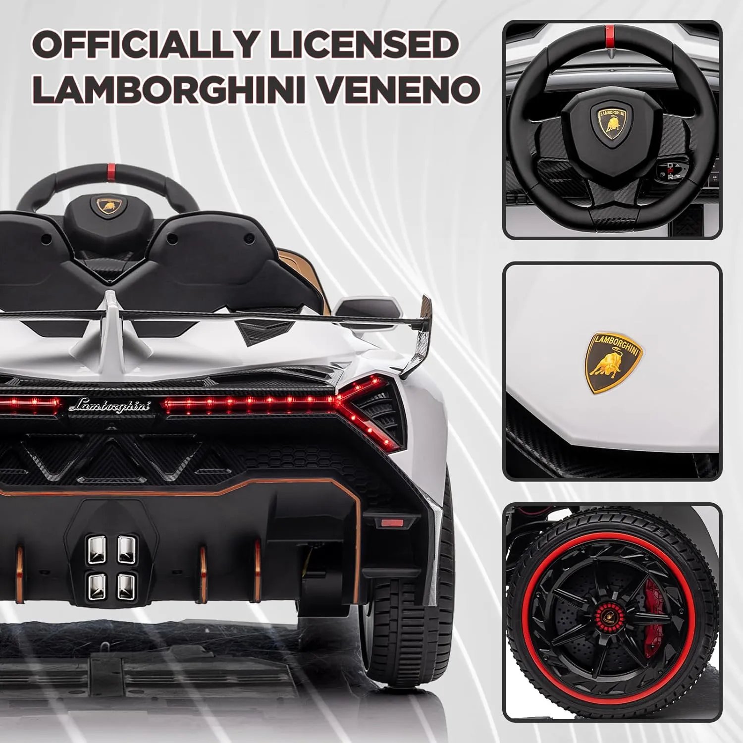 12V Kids Ride On Car, Hetoy Licensed Lamborghini Venono Electric Car w/Parent Remote Control, Scissor Door, 3 Speeds, LED Headlights, Rocking & Music, Battery Powered Ride on Toy for Boys Girls, White