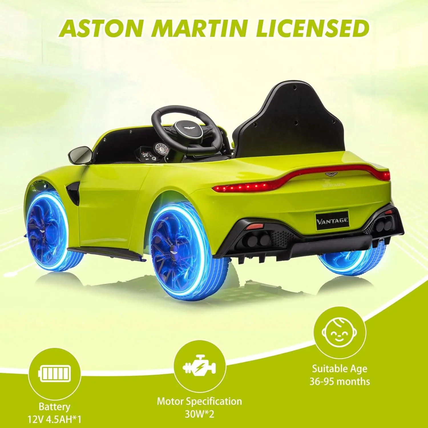 12V Kids Ride On Car Licensed Aston Martin Electric Sports Car Toy for Toddles Battery Powered Car with Remote Control, LED Lights, Horn, Soft Start, Music, Green