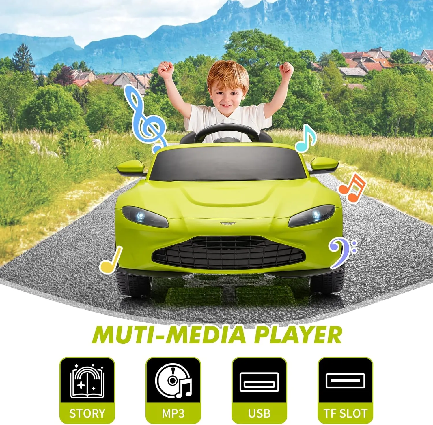 12V Kids Ride On Car Licensed Aston Martin Electric Sports Car Toy for Toddles Battery Powered Car with Remote Control, LED Lights, Horn, Soft Start, Music, Green