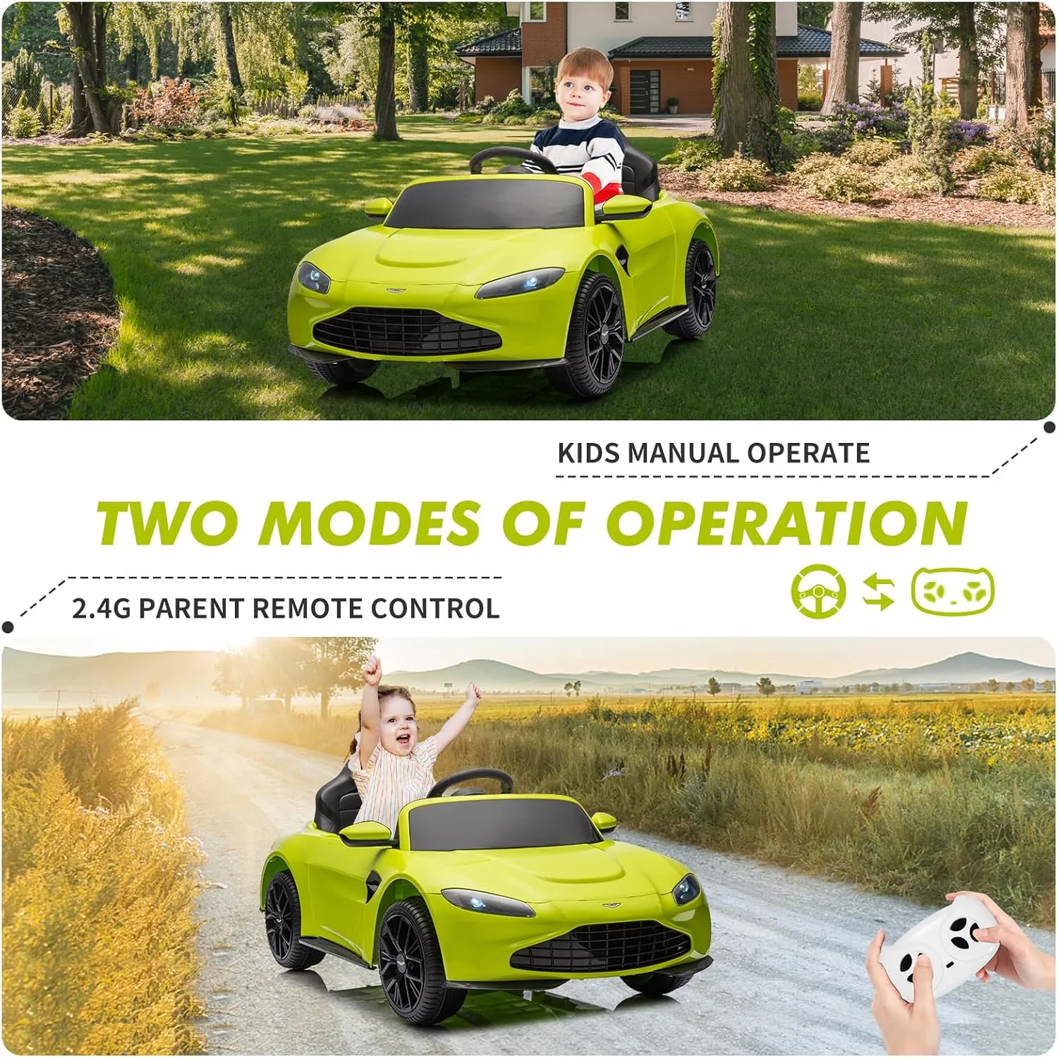 12V Kids Ride On Car Licensed Aston Martin Electric Sports Car Toy for Toddles Battery Powered Car with Remote Control, LED Lights, Horn, Soft Start, Music, Green