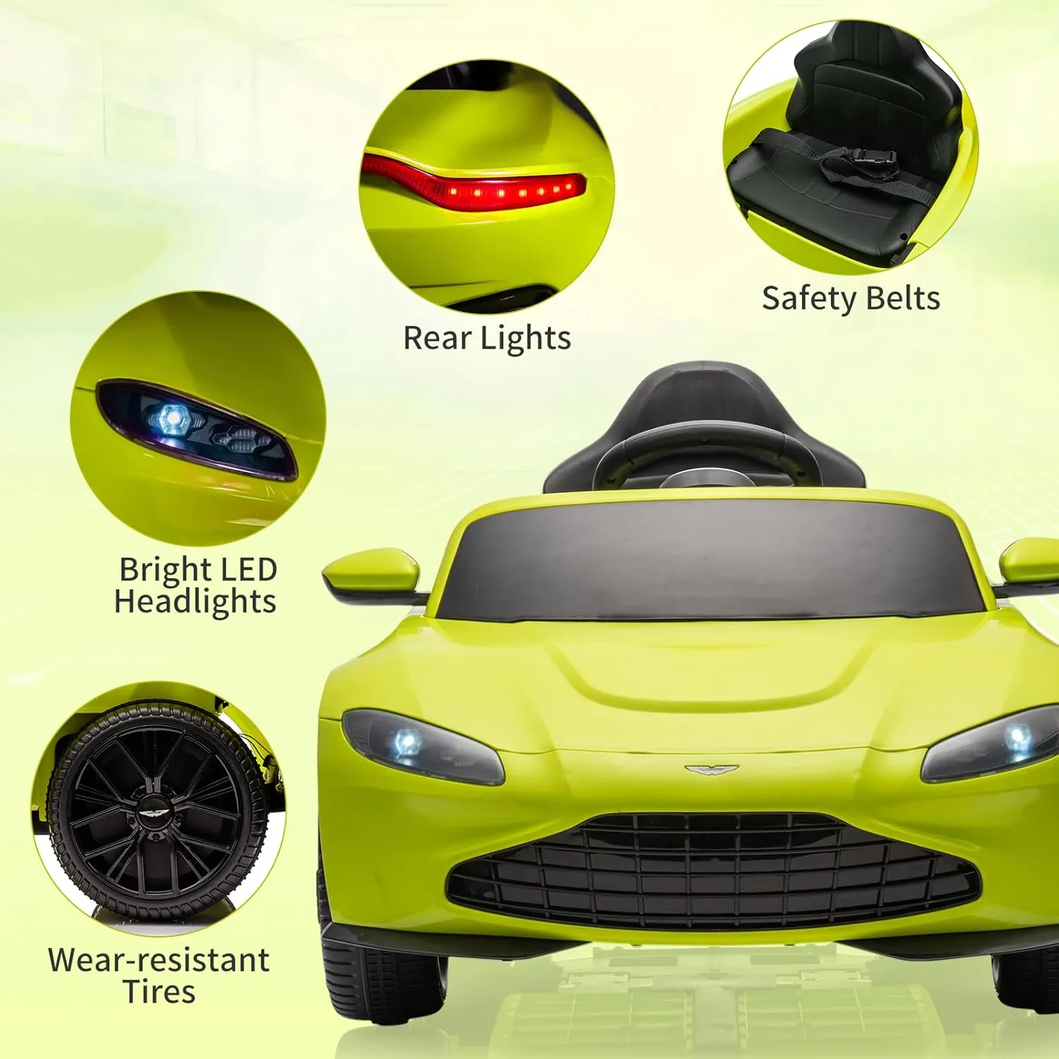 12V Kids Ride On Car Licensed Aston Martin Electric Sports Car Toy for Toddles Battery Powered Car with Remote Control, LED Lights, Horn, Soft Start, Music, Green