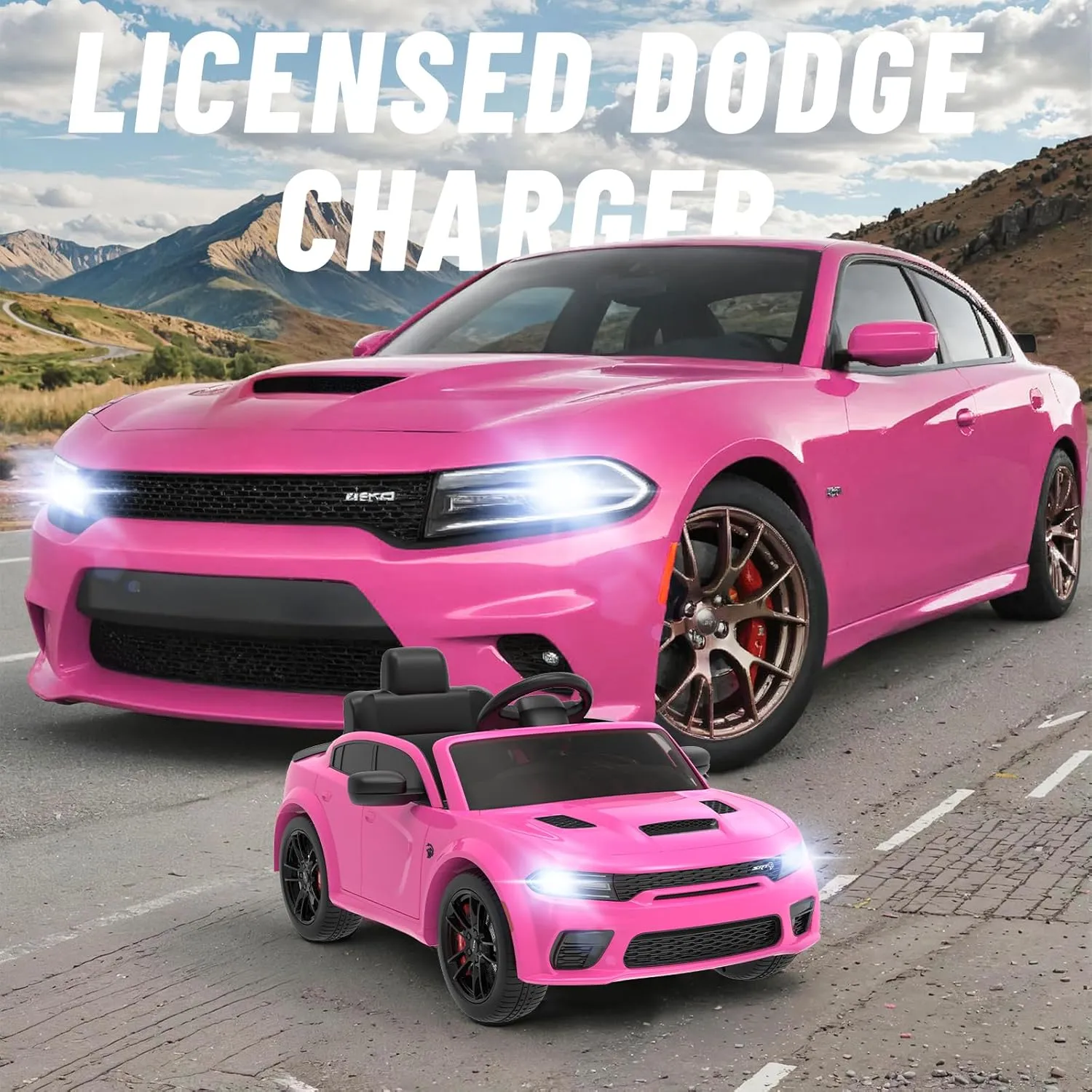 12V Kids Ride on Car Licensed Dodge Charger Electric Car for Kids with Remote Control, 3 Speed Kids Electric Vehicles with Suspension System, LED Light, MP3 & Bluetooth, Pink