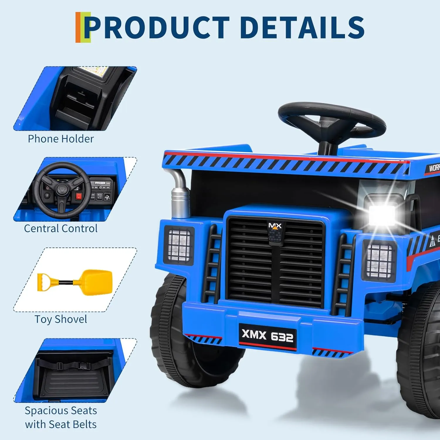 12V Kids Ride On Dump Truck with Remote Control Electric Car Toy for Toddlers Ride On Construction Vehicles with Electric Dump Bed, Shovel, LED Lights, Music, Blue