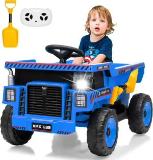 12V Kids Ride On Dump Truck with Remote Control Electric Car Toy for Toddlers Ride On Construction Vehicles with Electric Dump Bed, Shovel, LED Lights, Music, Blue