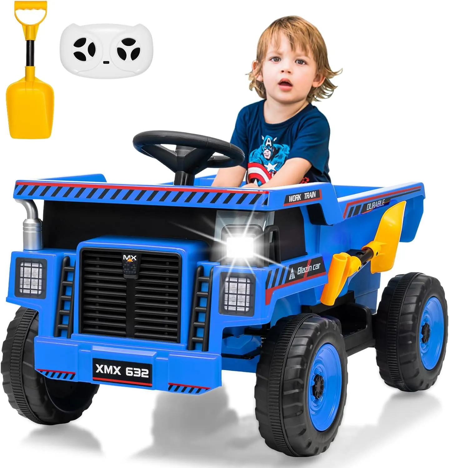 12V Kids Ride On Dump Truck with Remote Control Electric Car Toy for Toddlers Ride On Construction Vehicles with Electric Dump Bed, Shovel, LED Lights, Music, Blue